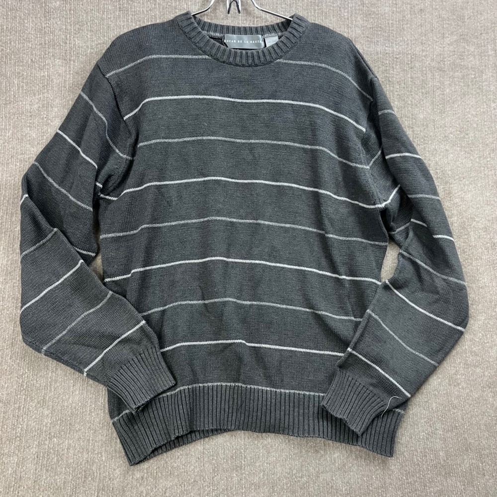Oscar De La Renta Men's Gray Striped Crew Neck Sweater Size L Cotton Blend